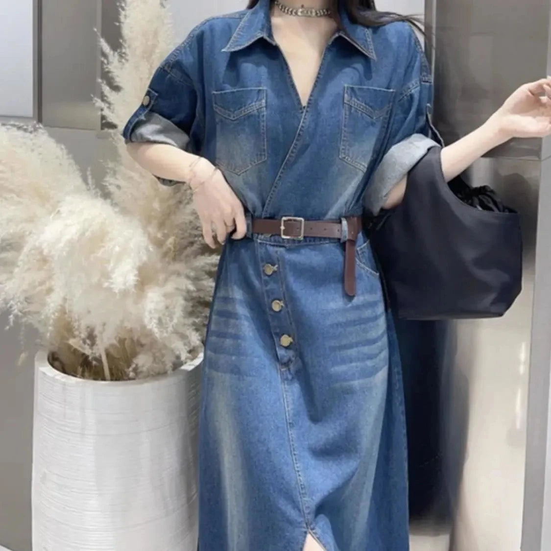 Casual Split Jean Dress Female With pockets, vintage Denim Dress Women's, Slim, Temperament Fashion