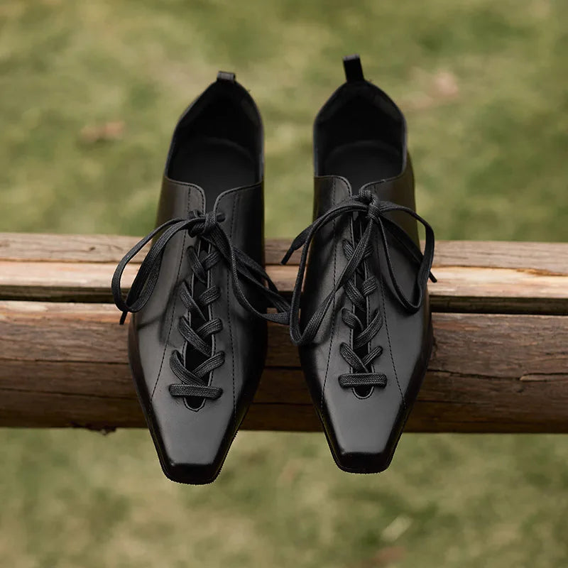 Low Heel Lace Up Genuine Leather Pumps Women Daily Walk Flats Young Girls Casual Spring Autumn Black Shoes