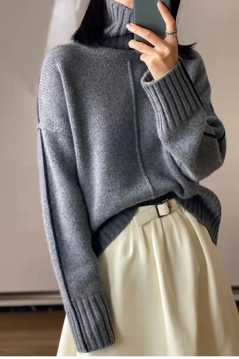 Suéter de cuello alto de cachemira pura para mujer, jersey holgado, parte inferior gruesa, combinación de colores, otoño e invierno