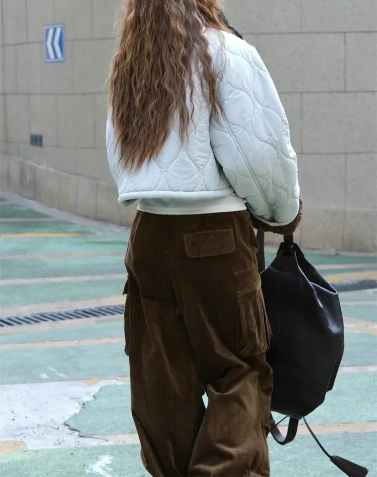 Stand Collar Quilted Cotton Jacket Women Silhouette Warm Short Jacket Light Gray/Gray Green