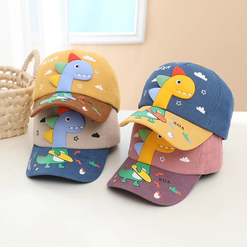 Kids Baseball Cap for Girls and Boy, Cartoon Dinosaur Corduroy Multicoloured Peaked Cap Spring Outdoor Hat