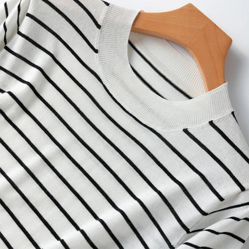 Women Knit T-Shirt 70% Mulberrry Silk 30% Cotton Round Neck Stripes Short Sleeve Sweater Pullover Top
