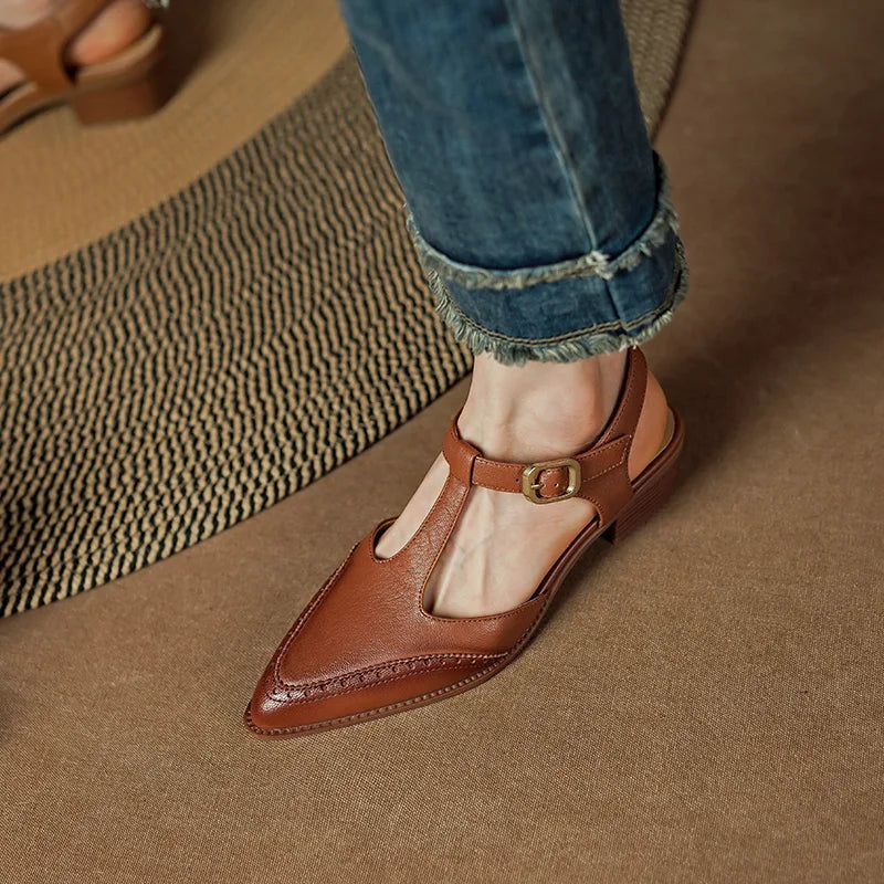 Sandals Shoes for Women Cover Toe Mules Casual Pointed Toe Chunky Heel  Retro Genuine Leather KilyClothing