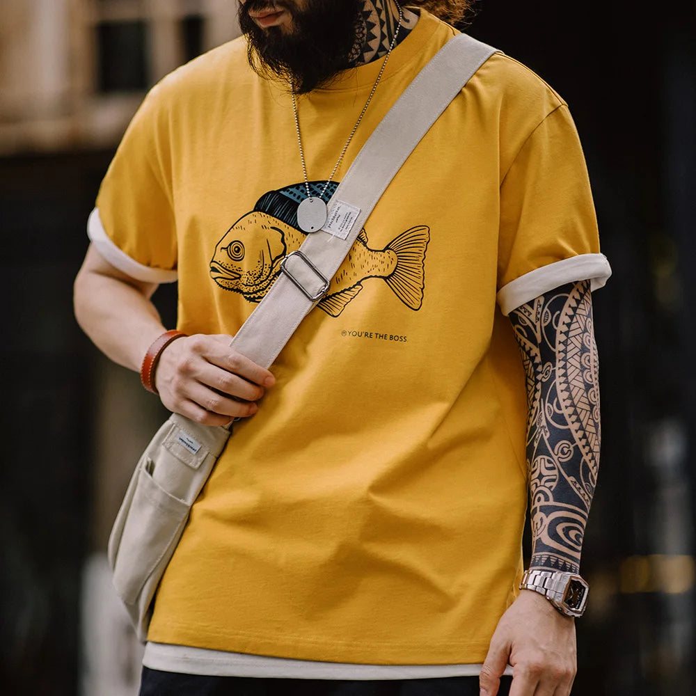 Deep Sea Fish Flocked Print T-shirt Animal Pattern Round Neck Short-sleeved Tops for Men