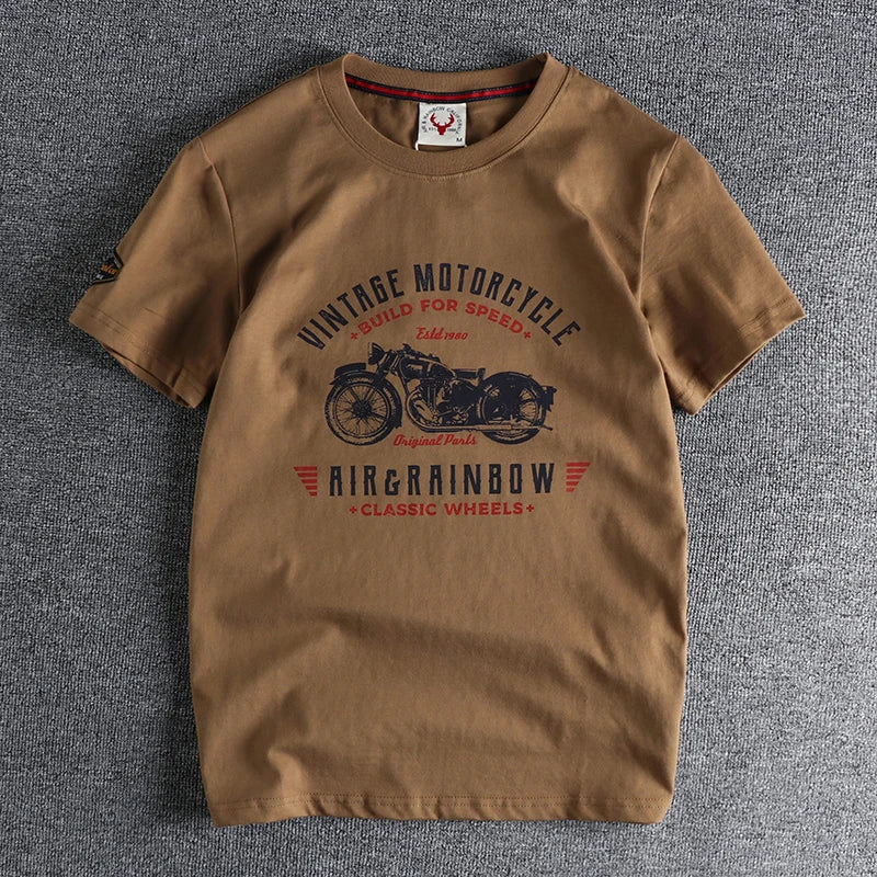Retro Short-sleeved O-neck Motorcycle Printed T-shirt Men's Fashion Simple 100% Cotton Washed Casual Sport Tops