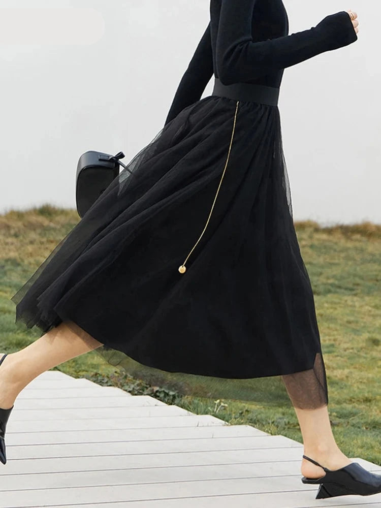 Double Layer Mesh Women Casual Skirts, Polka Dot A Line Straight Chic Black Long Skirt