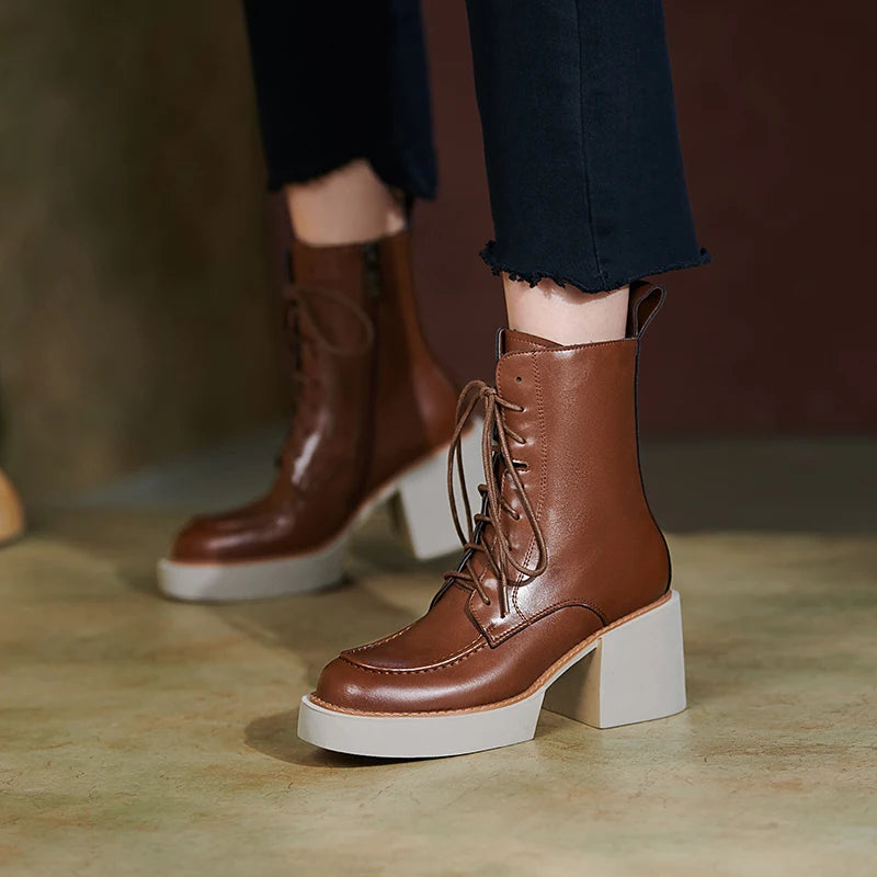 Women Shoes Genuine Leather Women Boots Platform Chunky Boots, Solid Real Leather with High Heel KilyClothing
