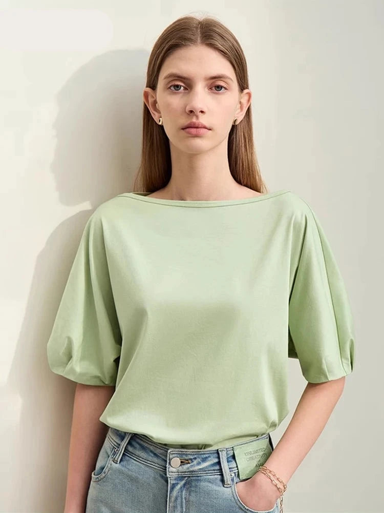 Minimalism T-shirts for Women Solid Cotton Slash Neck Loose Lantern Sleeve