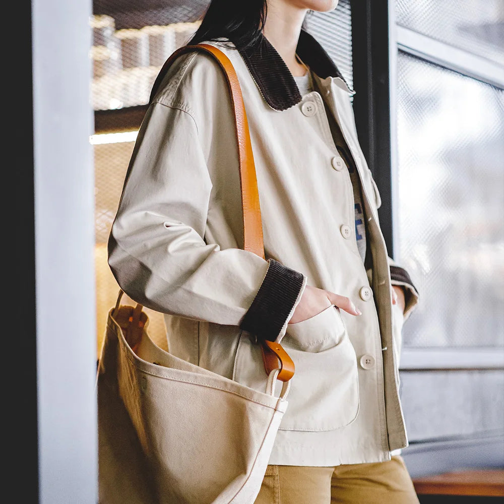 Vintage Corduroy Patchwork Coat Women Stand Collar Jacket Cotton Workwear Top