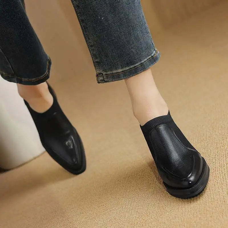 Krazing Pot 2024 Cow Leather Thick Med Heels Spring Knitwear Vintage Design Slip On Round Toe Apricot Color Dating Women Pumps KilyClothing