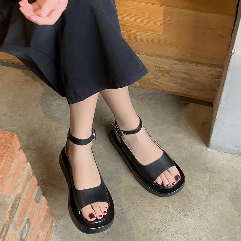 Cow Leather Peep Toe Thick Bottom Solid Summer Shoes Leisure Fashion Comfortable Buckle Strap Women Sandals KilyClothing