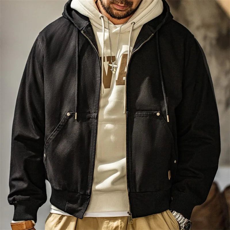 Vintage Heavyweight Hooded for Men, Classic Short Cotton Canvas Jacket Khaki