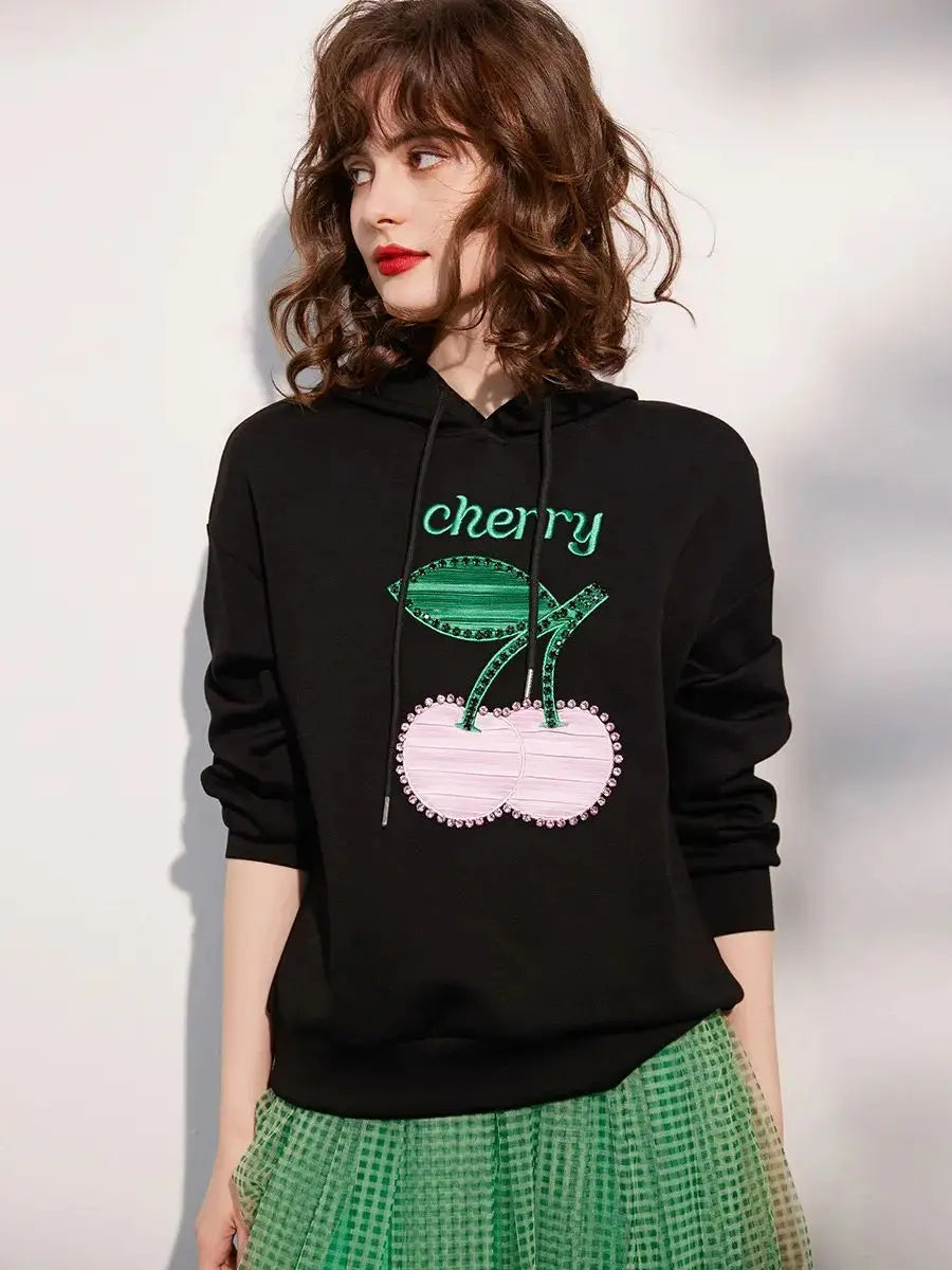 Women Hoodie Sweatshirt, Fashionable Patch Beading Loose Drop Shoulder Sleeve Casual Chic Pullover Tops