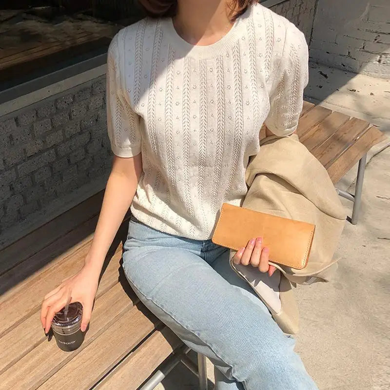 100% Cotton for Women Hollow-out Sweater or T-shirt Short-sleeve O-Neck Pullover casual knitted top KilyClothing
