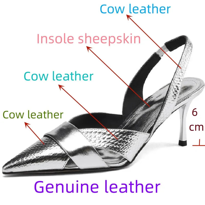 Genuine Leather Pointed Toe Slingback Kitten Heel Sandals Women Stiletto High Heels Summer Designer Party KilyClothing