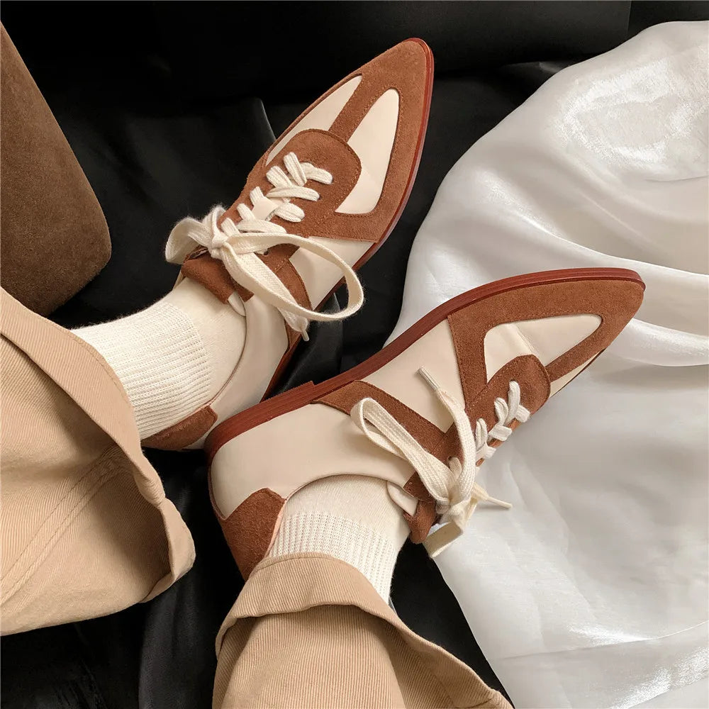 MILI-MIYA Classic Brand Style Women Kid Suede&Cow Leather Splicing Flats Pointed Toe Lace Up Mixed Color Casual Street Shoes KilyClothing