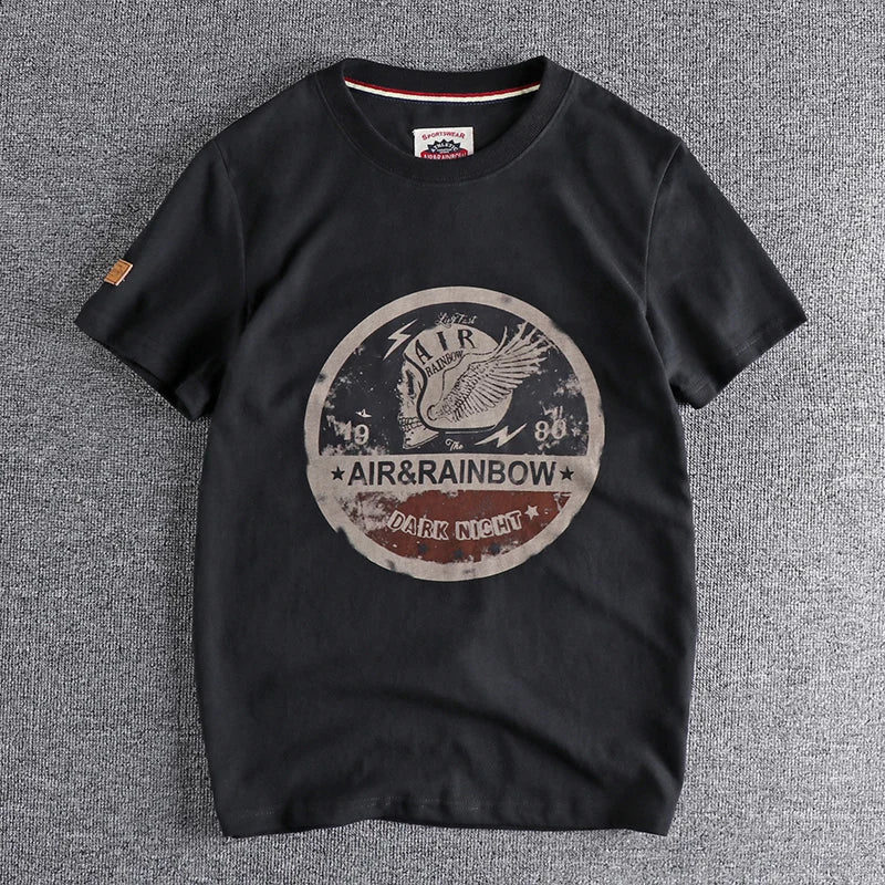 SRetro Short-sleeved O-neck Skull Printed T-shirt Men's Fashion Simple 100% Cotton Washed Casual Sport Tops