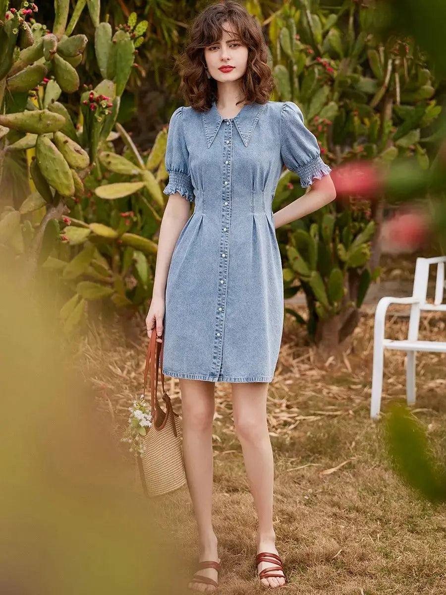 Women Denim Dress Slim Fit High Waist Turn Down Collar Lace Short Sleeve Casual Dress
