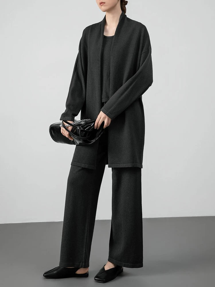 Knit 3 Piece Set Women's Fit Bottoming Vest Cardigan Long Sleeve Coat Drawstring Wide Leg Pant
