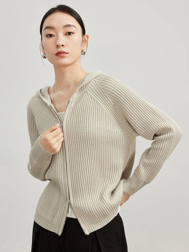 Cárdigan con capucha para mujer 46.% Lana de oveja Mangas raglán Chaquetas con cremallera Camel y amarillo