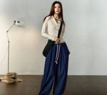 Ice Silk Cool Feeling Jeans for Women, Denim Blue,, Loose Wide Leg Pants, Elastic Waist Contrasting Color Tassel Waist Cord KilyClothing