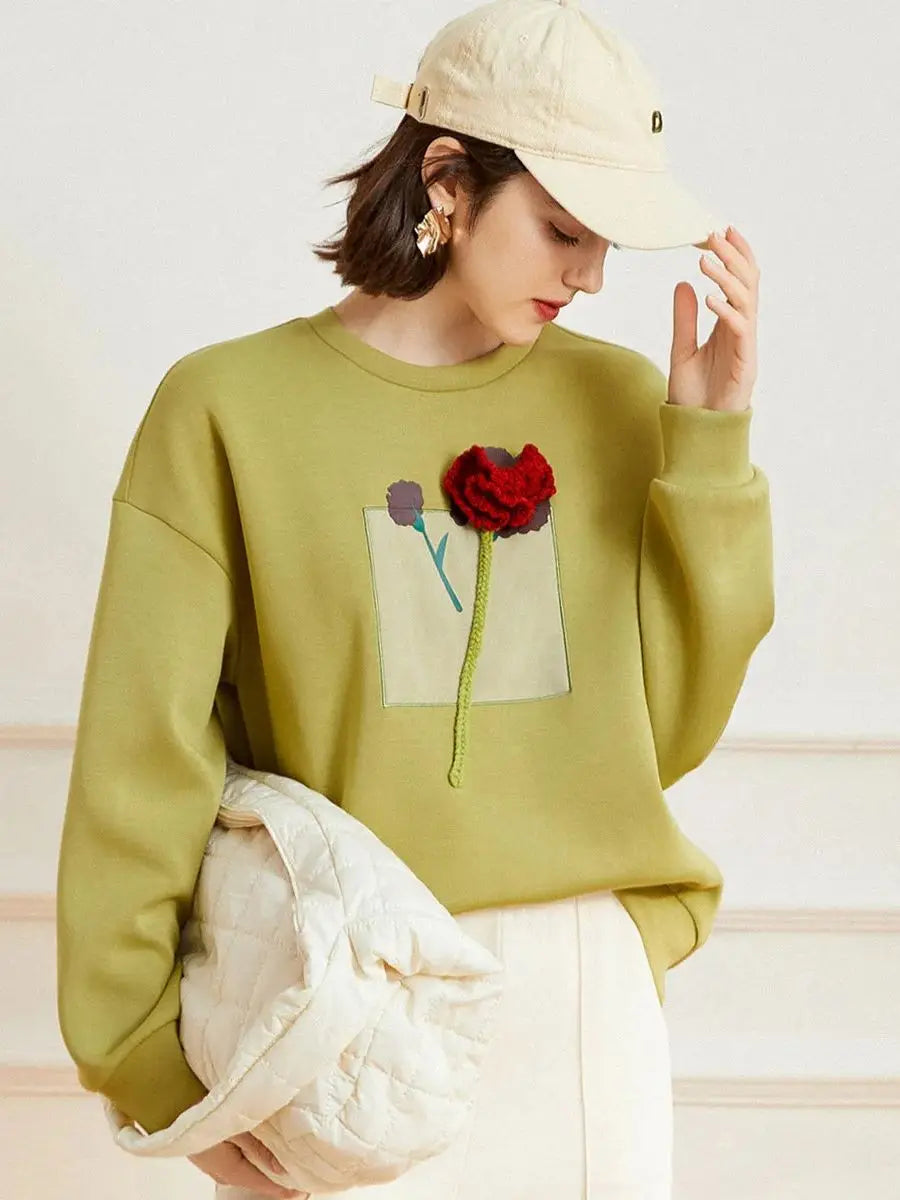 Women Hoodies, 3D Flower Round Neck Long Sleeve Drop Shoulder Sleeve Print Loose Pullover