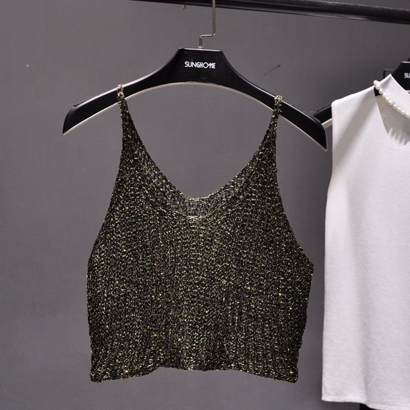 Sparkling Sequins Half Waist Render Knitwear Sexy Waist Condole Top Cropped KilyClothing