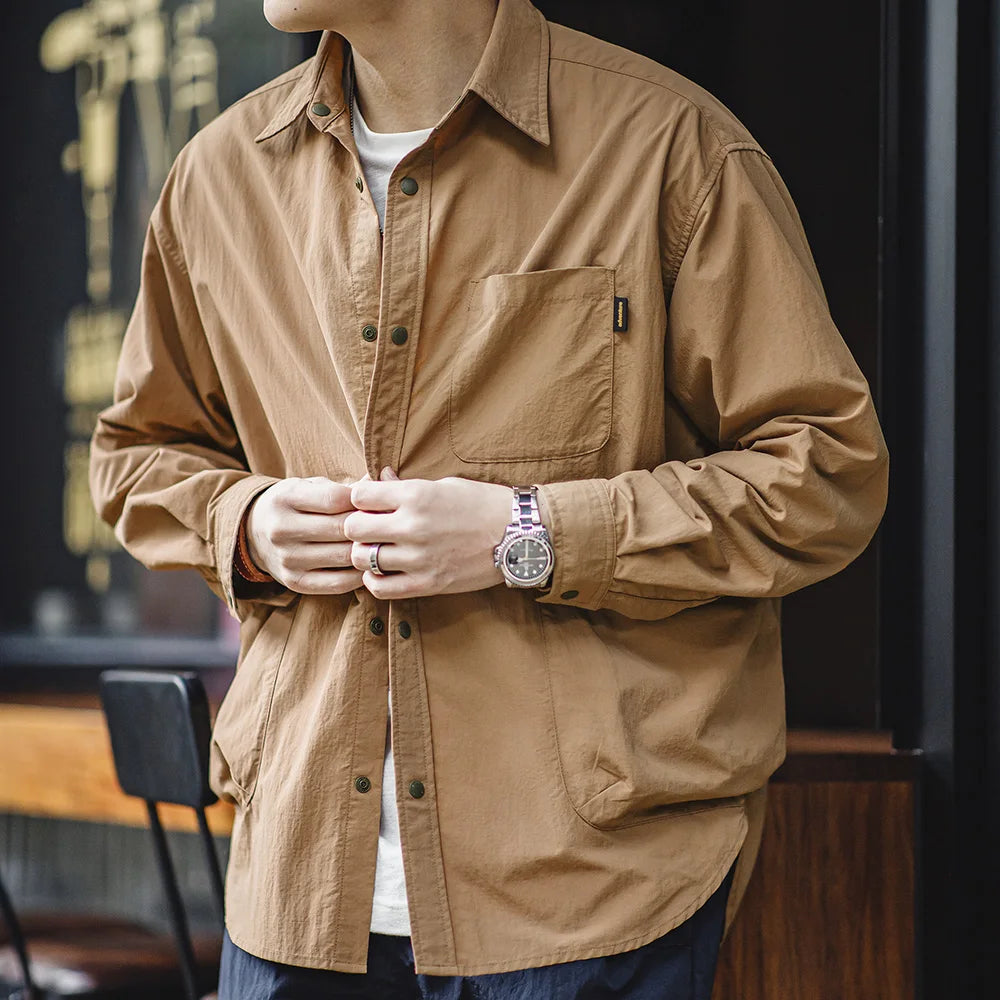Men's Outdoor Waterproof Shirt Casual Loose Turn-down Collar Long Sleeved Shirts Multiple Pockets