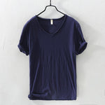 100% Cotton T-shirt Men V-neck Solid Color Casual KilyClothing