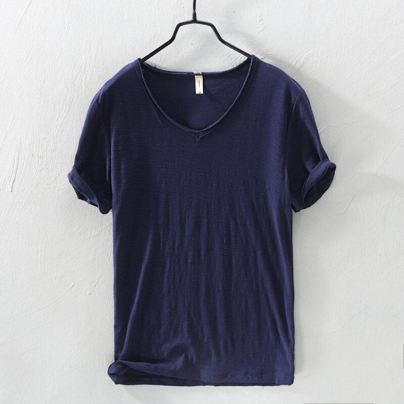 100% Cotton T-shirt Men V-neck Solid Color Casual KilyClothing