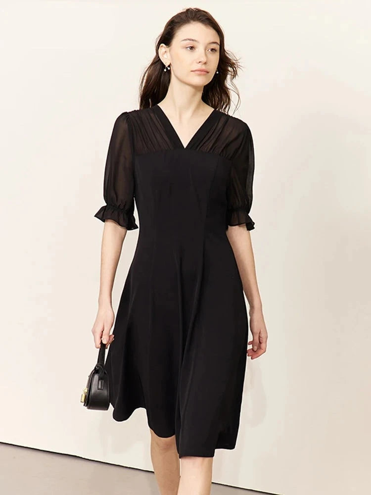 Minimalism Women's Dress V Neck Puff Sleeves Black Solid Casual Vestido Chiffon