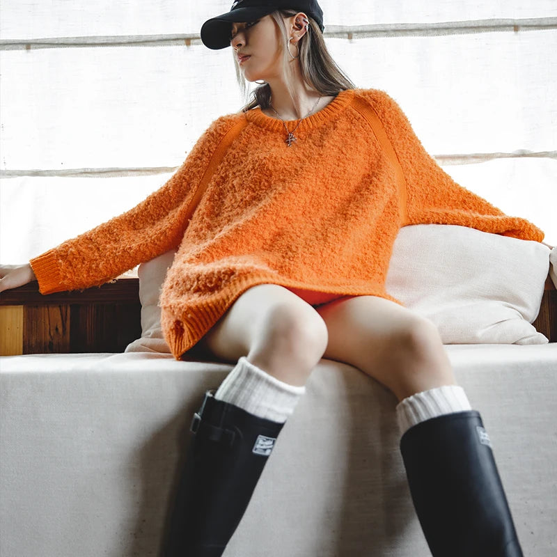 Suéter vintage para mujer, color naranja, tejido de hilo redondo, cálido