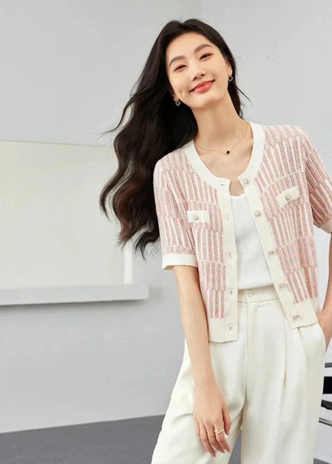 Blusa tipo cárdigan de punto de manga corta con perfume francés para mujer, suave y con parches de verano