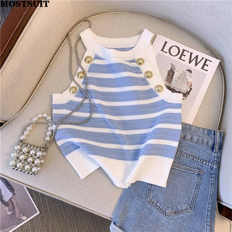 Halter Slim Striped Knitted Vests Women Crop, Summer Sleeveless Gold Buttons Knitwear Sexy Elegant Streetwear Vests