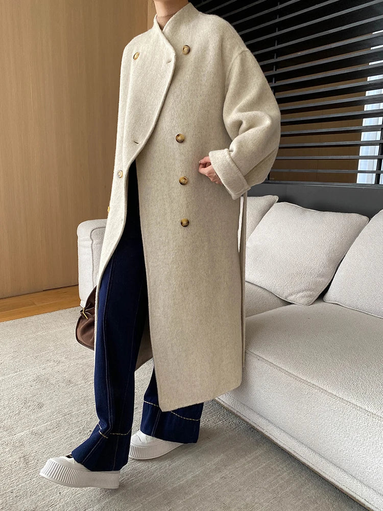 Elegant Belt Gathered Wool Coat For Women Stand Neck Double Breasted High End Long Outwear Winter