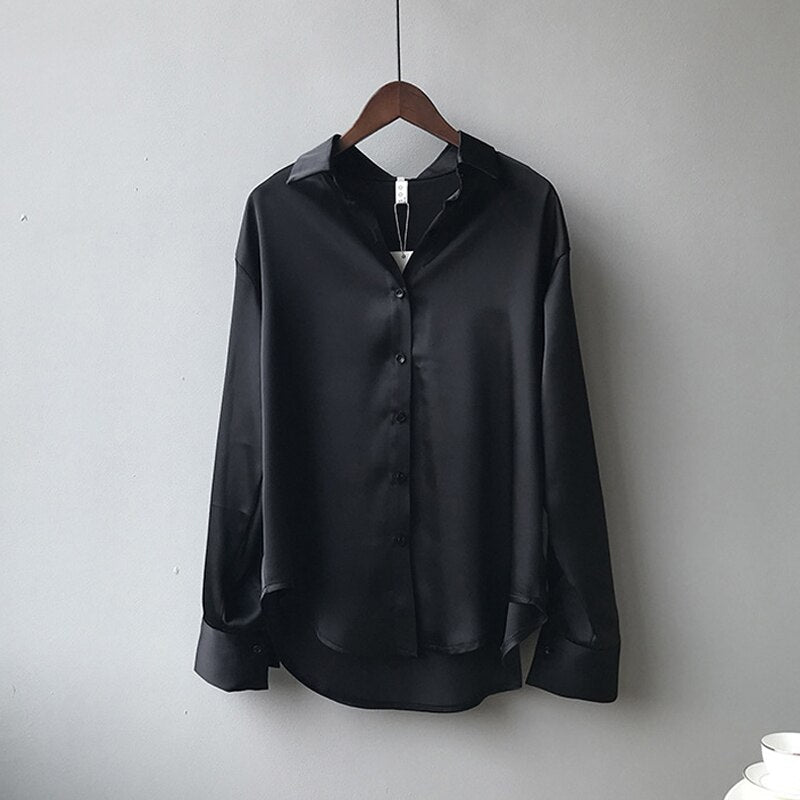 Button Up Satin Silk Shirt Vintage Blouse Women  Long Sleeves Female Loose Street Shirts KilyClothing