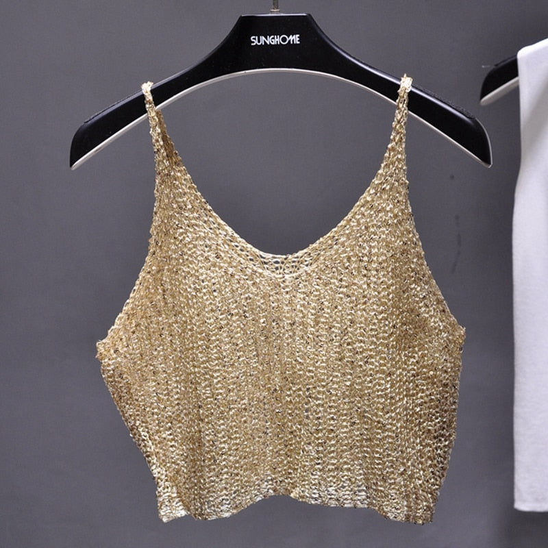 Sparkling Sequins Half Waist Render Knitwear Sexy Waist Condole Top Cropped KilyClothing