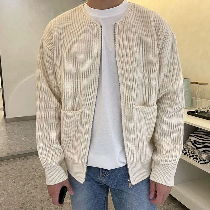 Autumn Winter Solid Color Simple Cardigan Coat, Round Neck Zipper Pocket All-match Knitted Top KilyClothing
