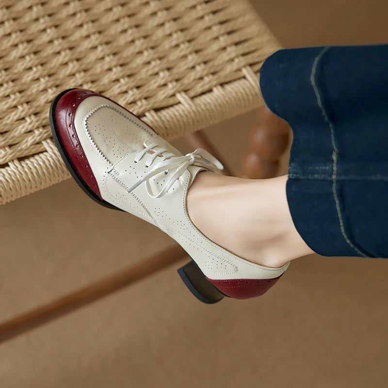 New Genuine Leather Women High Heel Shoes Lace Up Classic Round Toe Mid Heels Shoes Casual Loafers Office Lady Dress Size 34-40