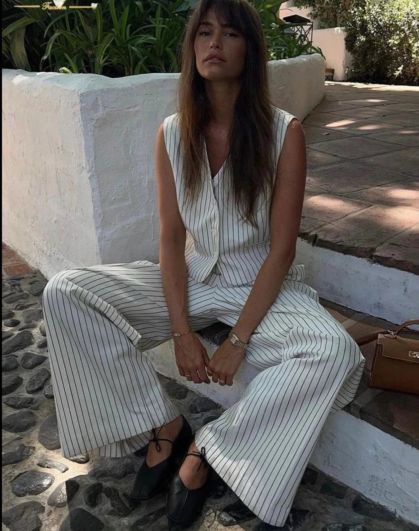 Sets For Women 2 Pieces Elegant Sleeveless Tank Top With High Waist Wide Trousers Suits