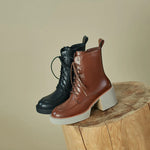 Women Shoes Genuine Leather Women Boots Platform Chunky Boots, Solid Real Leather with High Heel KilyClothing