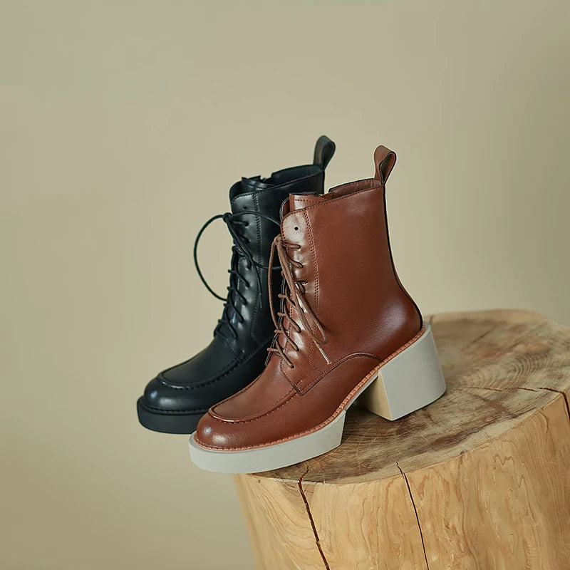 Women Shoes Genuine Leather Women Boots Platform Chunky Boots, Solid Real Leather with High Heel KilyClothing