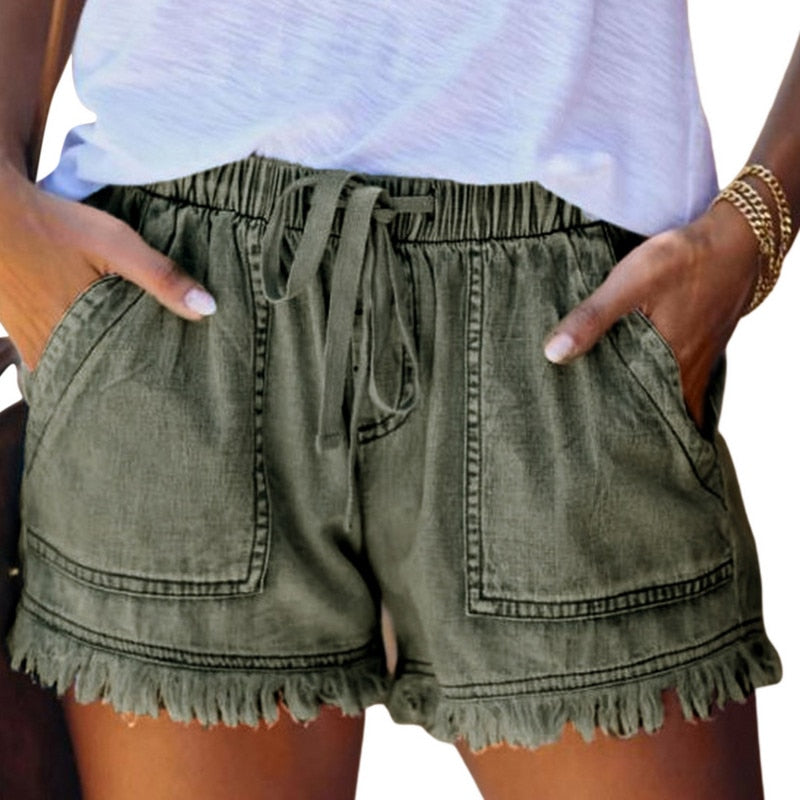 Washed Denim Shorts, Casual Drawstring Elastic Waist Frayed Hem Loose Short Jeans KilyClothing