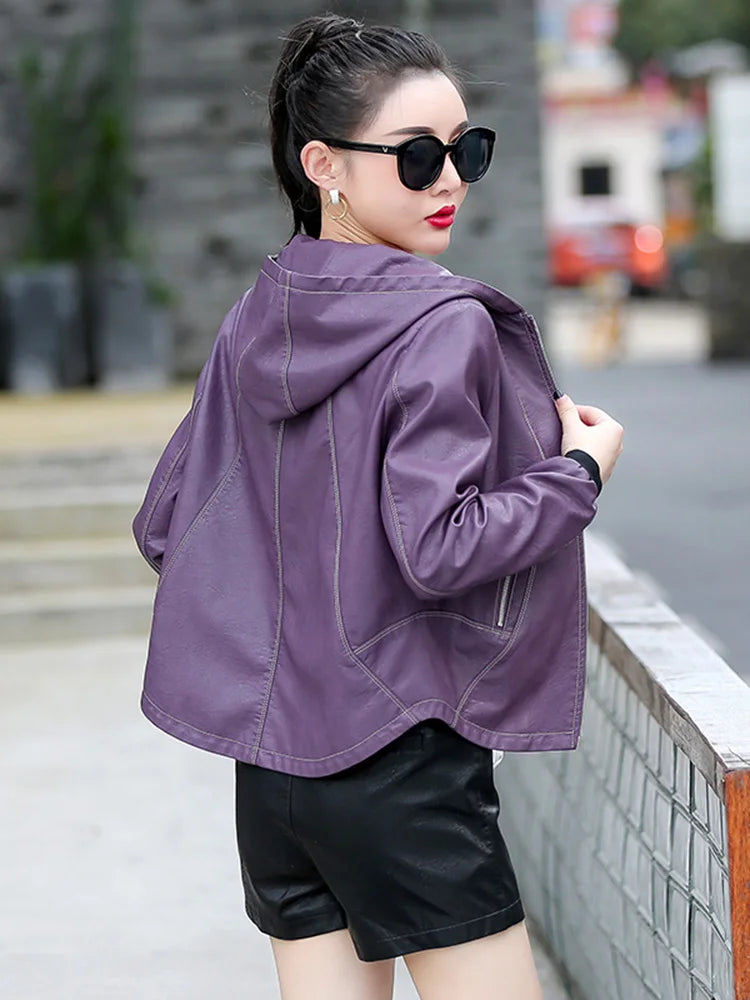 Women Hooded Split Leather Jacket, Long Sleeve Casual Outerwear Loose Short  Coat