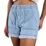 Washed Denim Shorts, Casual Drawstring Elastic Waist Frayed Hem Loose Short Jeans KilyClothing