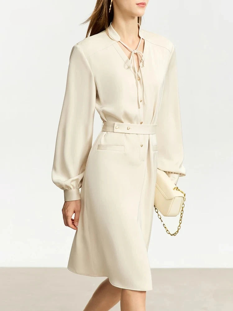 Dresses For Women, Spring New Chinese Stand Collar Strapped Buckle With Belt Lantern Sleeve Dress