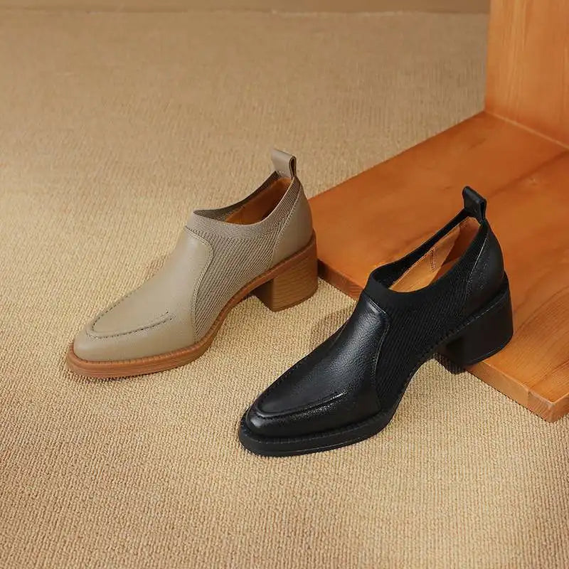 Krazing Pot 2024 Cow Leather Thick Med Heels Spring Knitwear Vintage Design Slip On Round Toe Apricot Color Dating Women Pumps KilyClothing