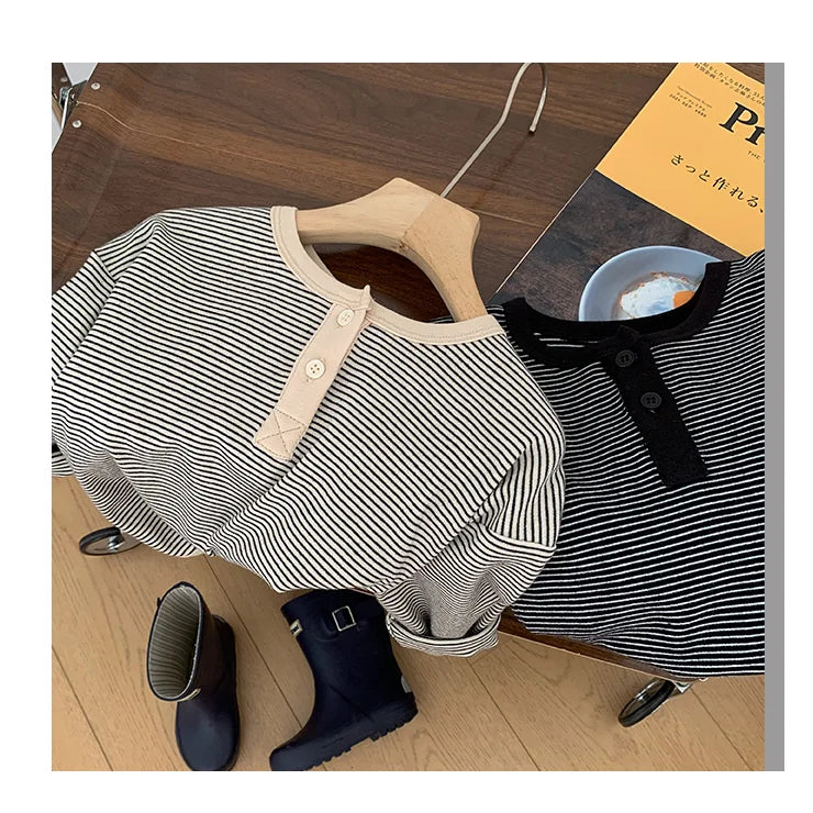 Children's Long Sleeved cotton T-shirt Baby Minimalist Bottom Shirt Striped Top
