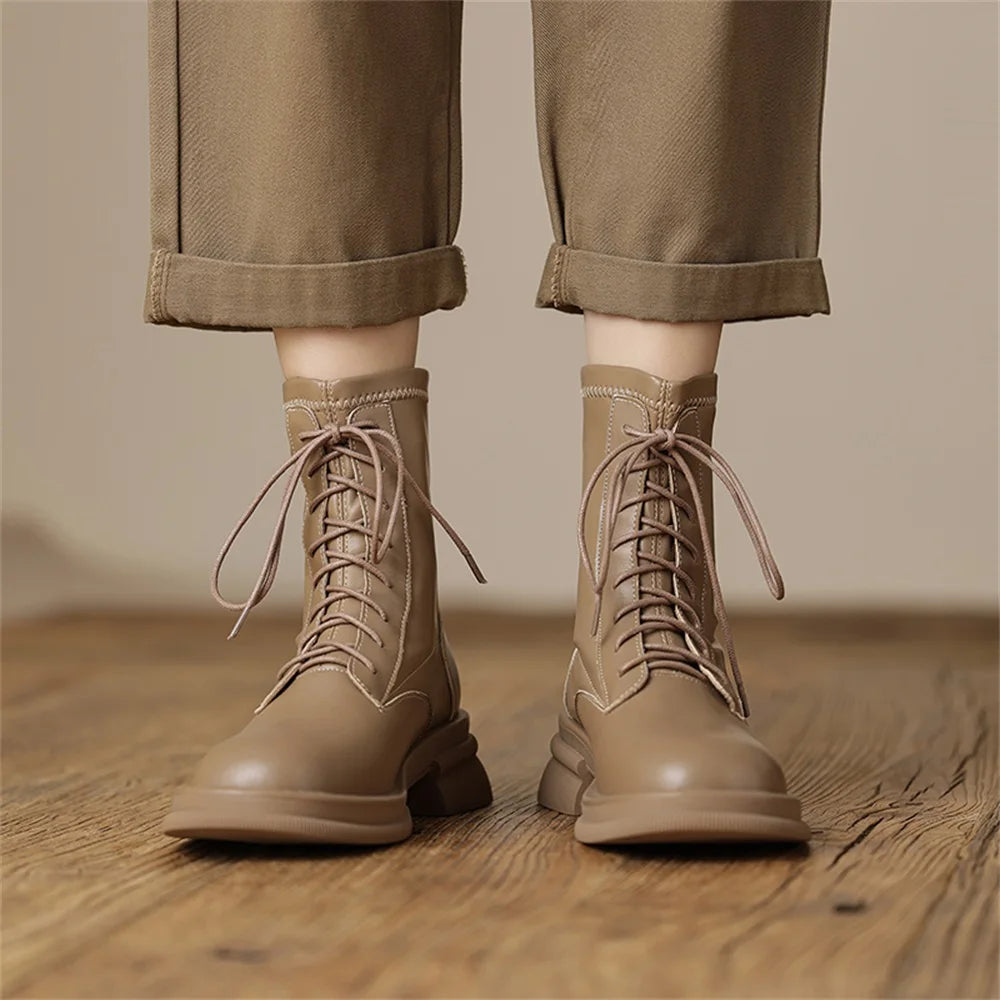 Genuine Leather Women Combat Boots Retro Round Toe Chunky Heel Flat Antiskid Lace Up  Elastic Boots With Zipper