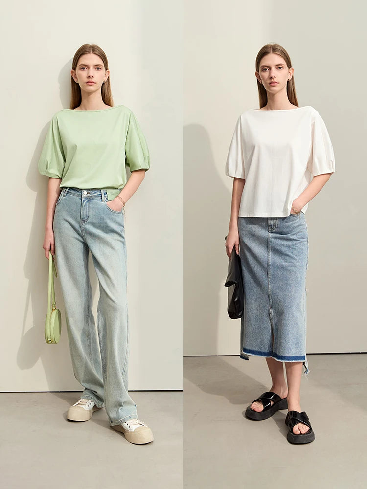 Minimalism T-shirts for Women Solid Cotton Slash Neck Loose Lantern Sleeve
